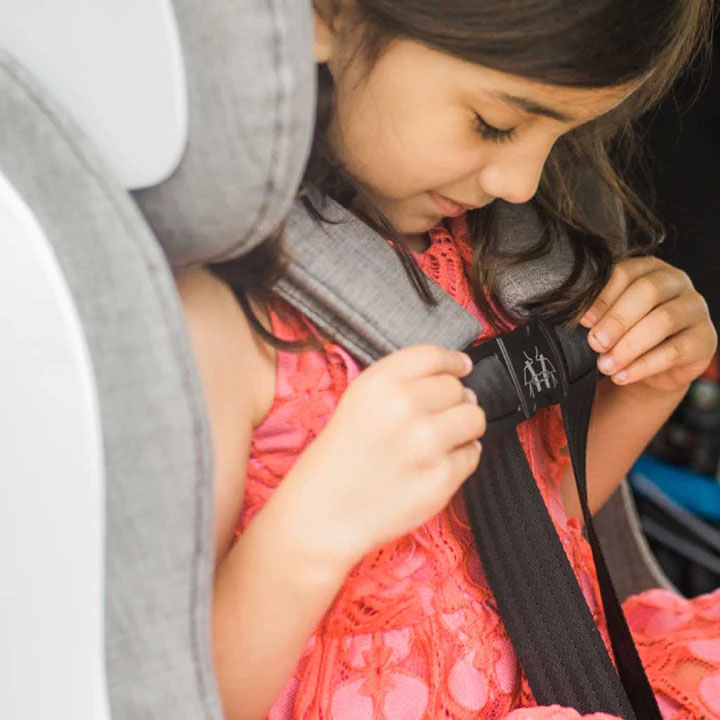 A child fastening a car-seat harness