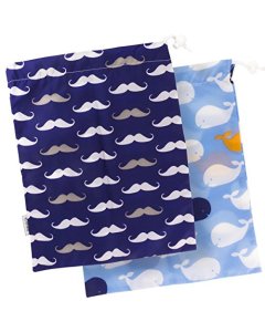 Kushies On the Go Wet Bag 2-PK  (1 large + 1 small) - Blue Whale/Navy Moustache