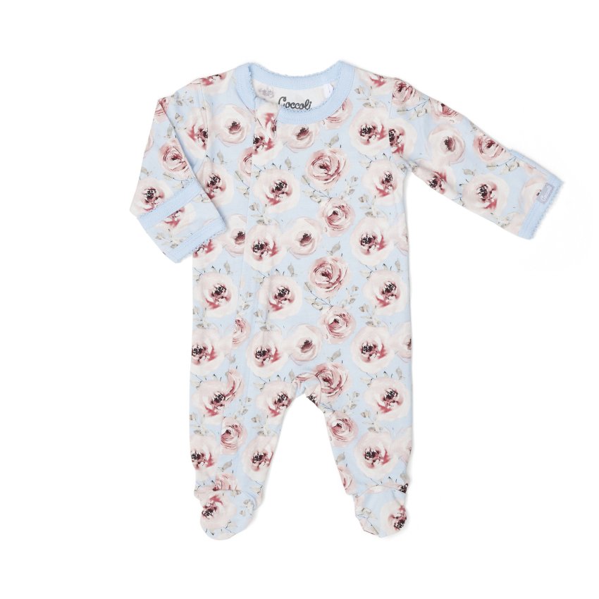 Modal Zipper Footie - Peonies On Light Blue