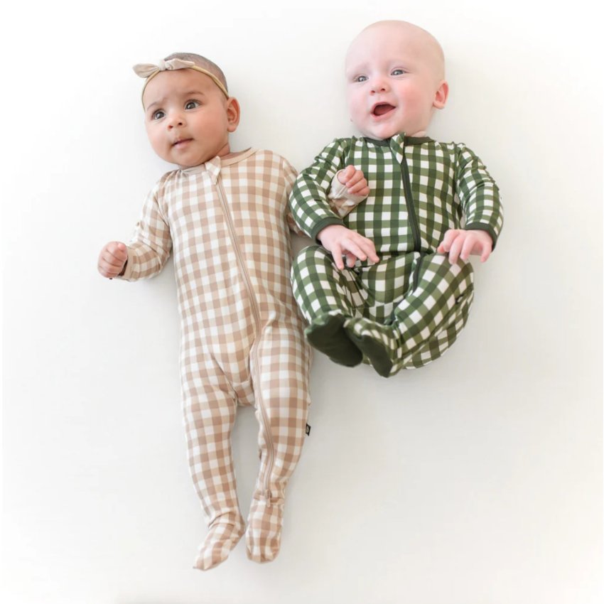 Printed Zippered Footie - Gingham Bisque